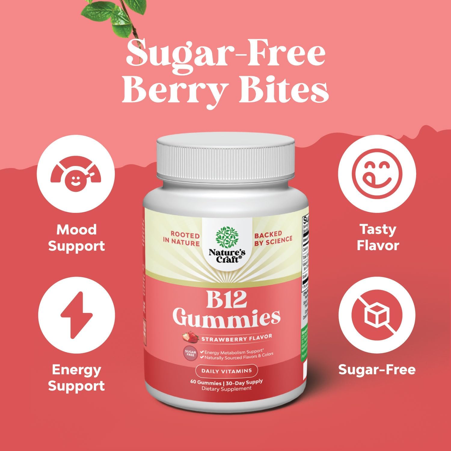 Gominolas de Vitamina B12 para Adultos - Sin Azúcar, 1000 mcg por Ración - Suplemento para Energía, Estado de Ánimo, Sistema Inmune y Nervioso - Kosher, No GMO, Sin Gluten - 60 Gominolas