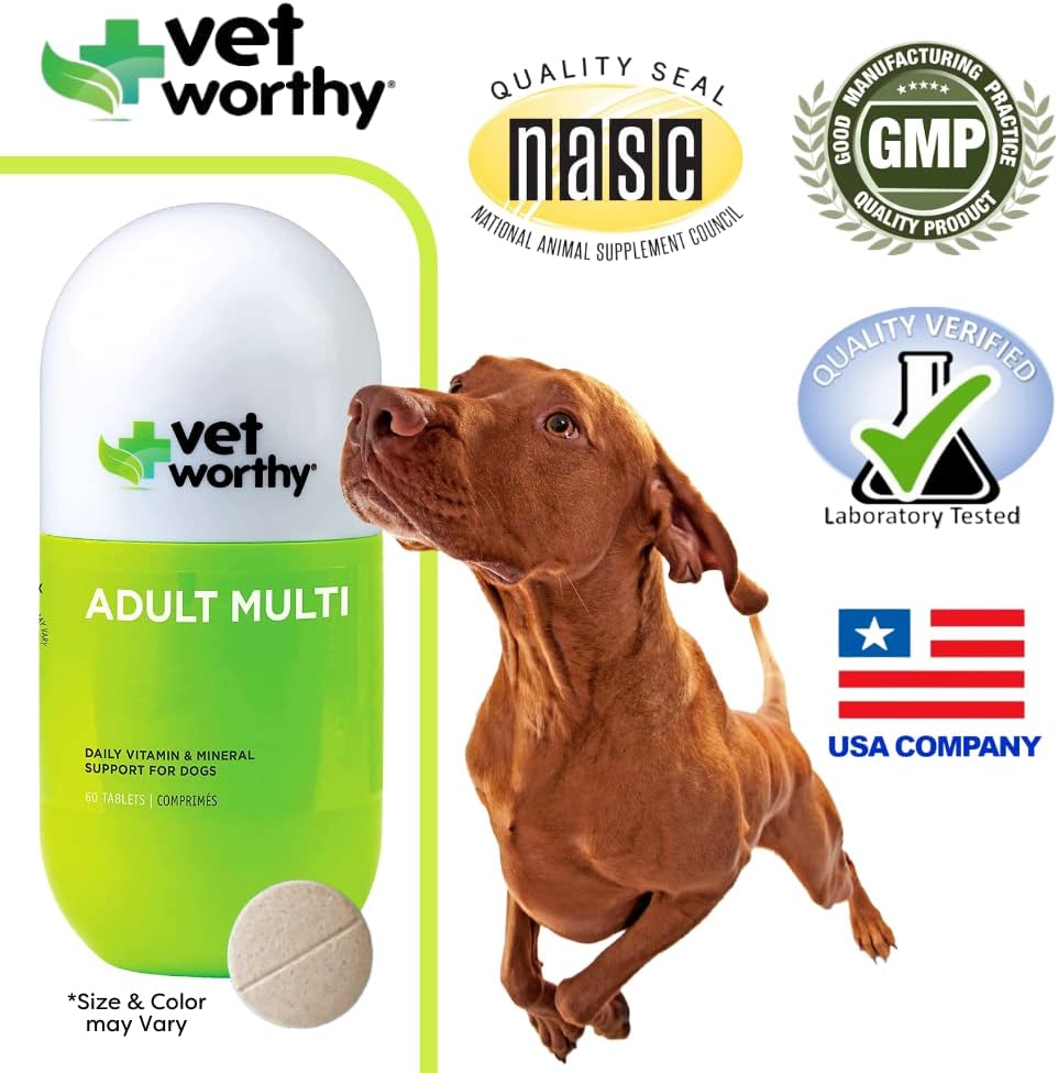 Vet Worthy Adult Multi Vitamins - Multivitamínico para Perros para Apoyar la Salud Óptima y el Bienestar General - Suplemento para Perros con Hierro, Magnesio, Zinc, Vitamina A, Vitaminas del Grupo B - Sabor a Hígado, 60 Comprimidos