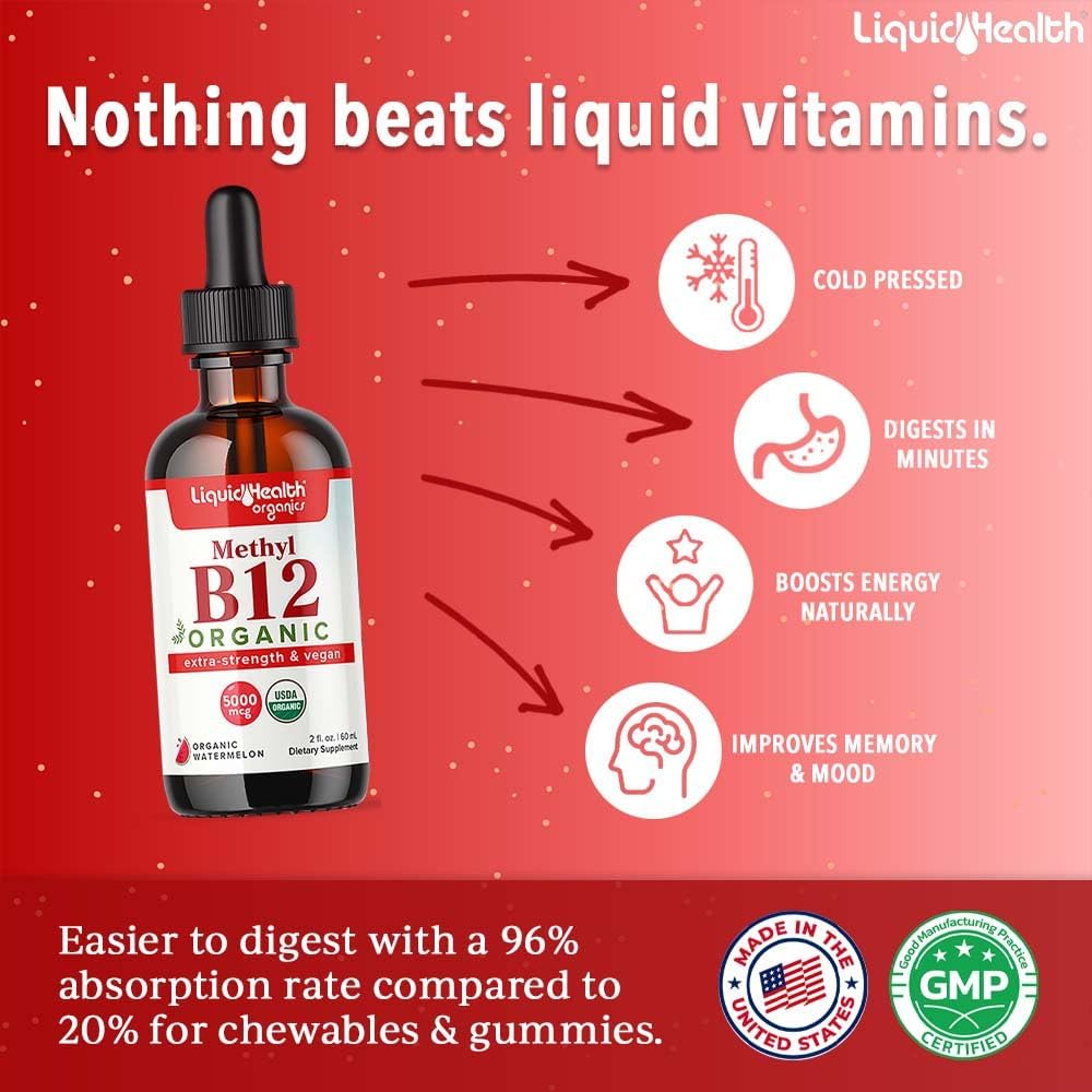 LIQUIDHEALTH Vitamina B12 Metilcobalamina Líquida Orgánica con Zumo de Cereza Ácida - 5000 mcg, 2 Pack