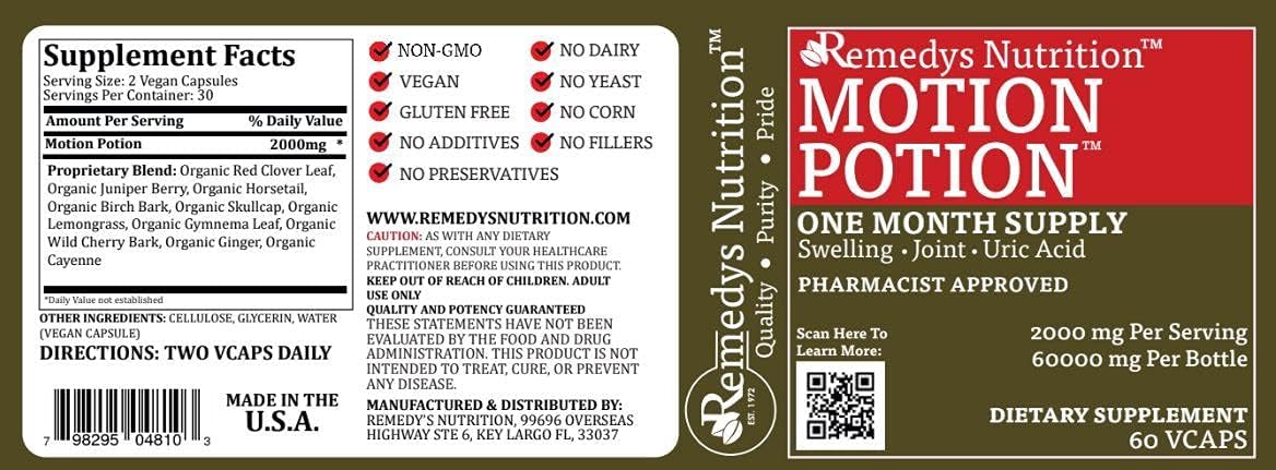 Remedy's Nutrition Motion Potion – 60 Cápsulas Veganas de 1000 mg – Suplemento Herbal – Suministro para 2 Meses