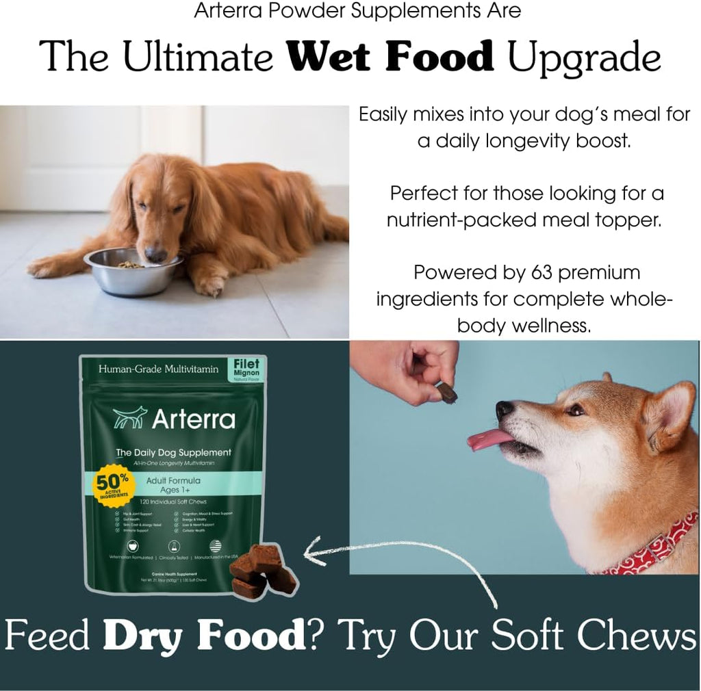 Suplemento en Polvo para Perros Mayores – 63 Ingredientes – Multivitamínico con Glucosamina, Probióticos y Omega-3 – 120 Dosis