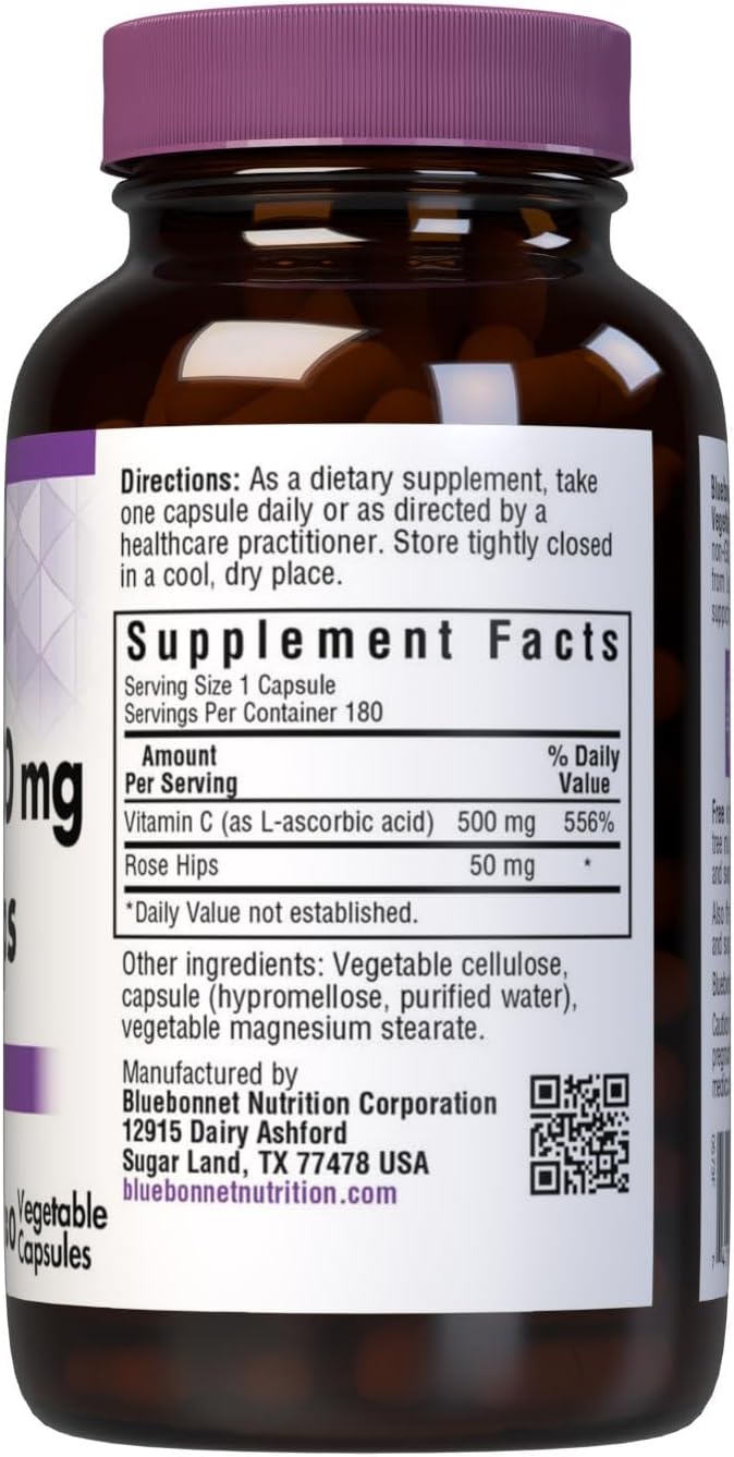 Bluebonnet Vitamina C 500 mg con Escaramujo, 180 Cápsulas Vegetales