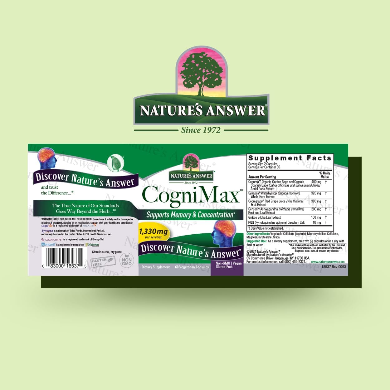 Nature's Answer CogniMax 1330 mg - 60 Cápsulas - Apoyo para la Memoria y Concentración