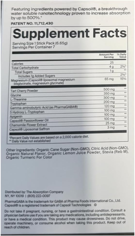 The Absorption Company Polvo para Dormir sin Melatonina - Calmante con Azafrán Liposomal, Magnesio y PharmaGABA, Sabor Limonada de Manzanilla, 7 sticks