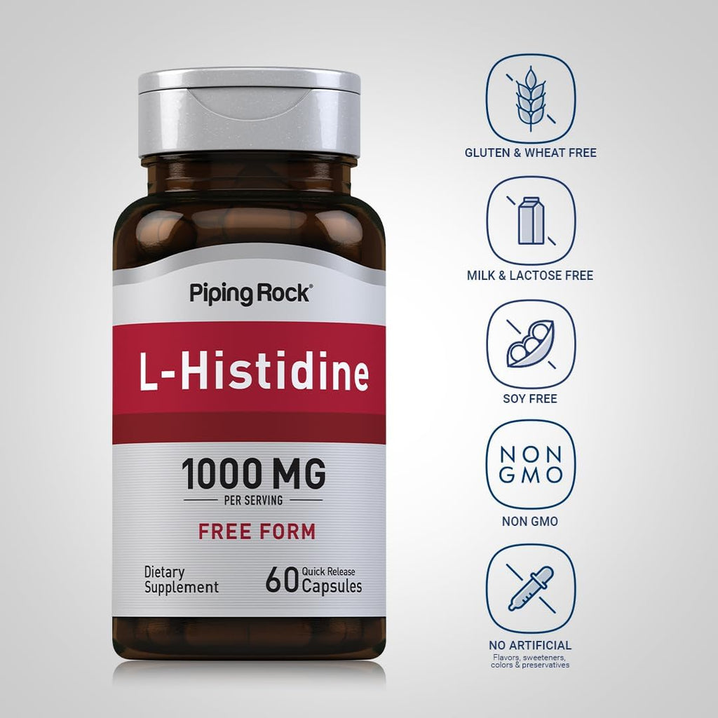 Piping Rock L-Histidina 1000 mg | 60 Cápsulas | Suplemento de Aminoácido Esencial Sin OGM y Sin Gluten