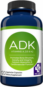 MD.LIFE ADK Vitamin Supplement – Complejo de Vitaminas A, D3 y K2 – 120 Cápsulas