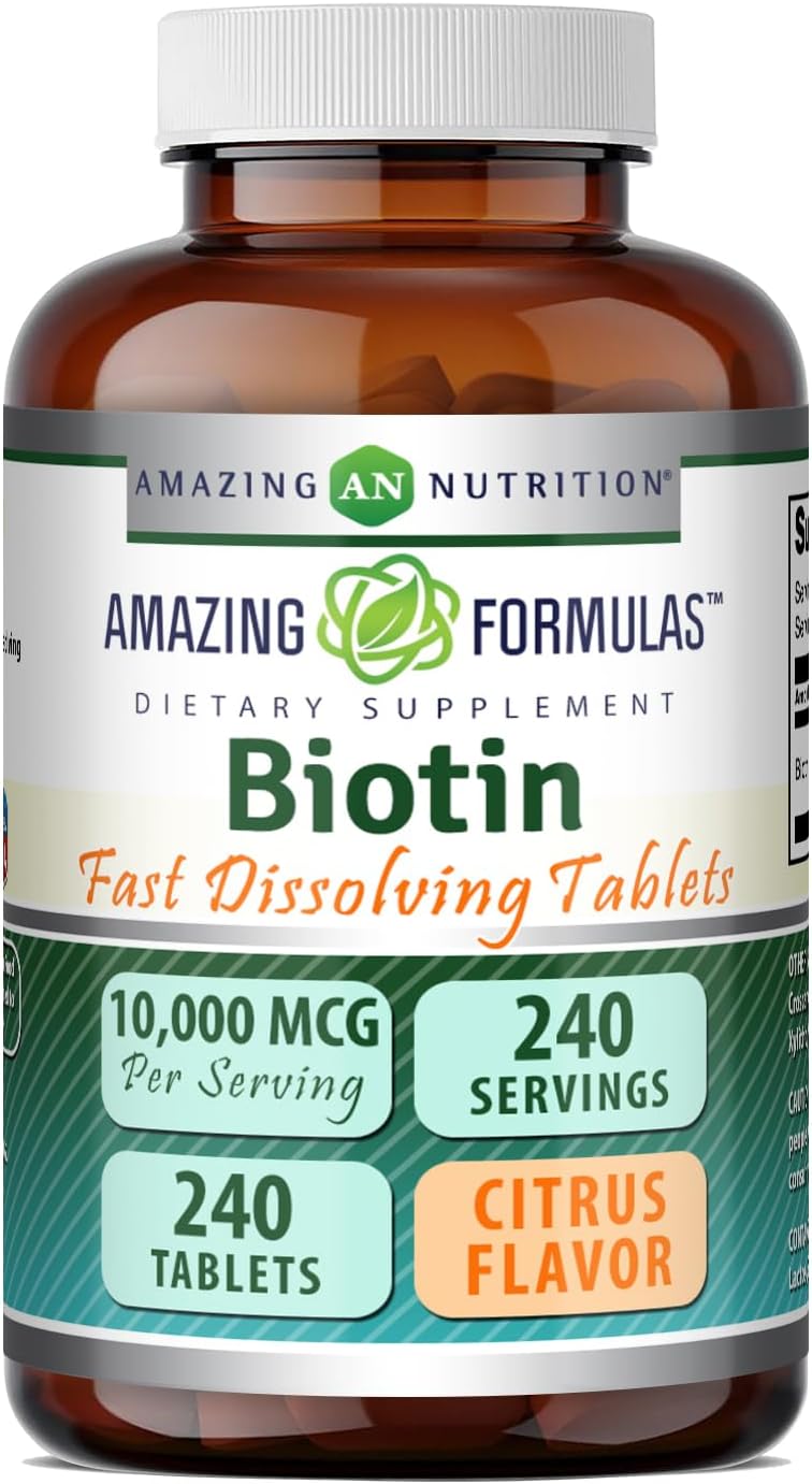 Amazing Formulas Biotina 10,000 mcg – Comprimidos de Disolución Rápida Sabor Fresa, 60 Unidades