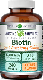 Amazing Formulas Biotina 10,000 mcg – Comprimidos de Disolución Rápida Sabor Fresa, 60 Unidades