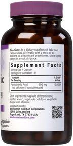 Bluebonnet Ácido Pantoténico 500 mg, 180 Cápsulas Vegetales