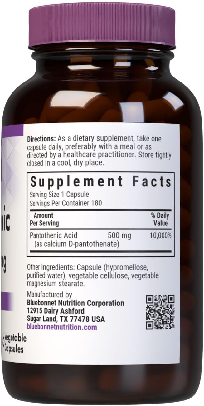 Bluebonnet Ácido Pantoténico 500 mg Cápsulas Vegetales, 180 unidades