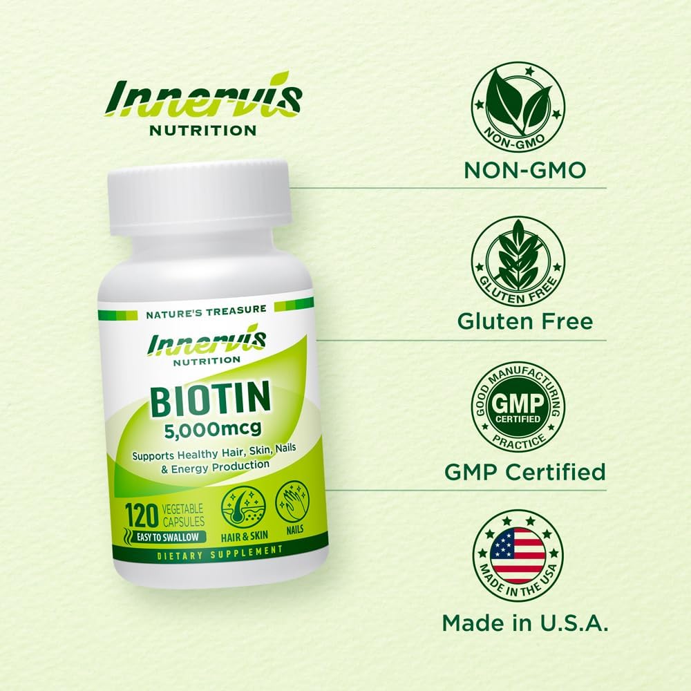 INNERVISNUTRITION High Potency Biotin 5000mcg – 120 Cápsulas Veganas