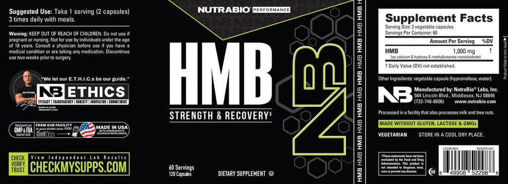 NutraBio HMB Supplement, Amino Acid, 1000mg, 120 Cápsulas