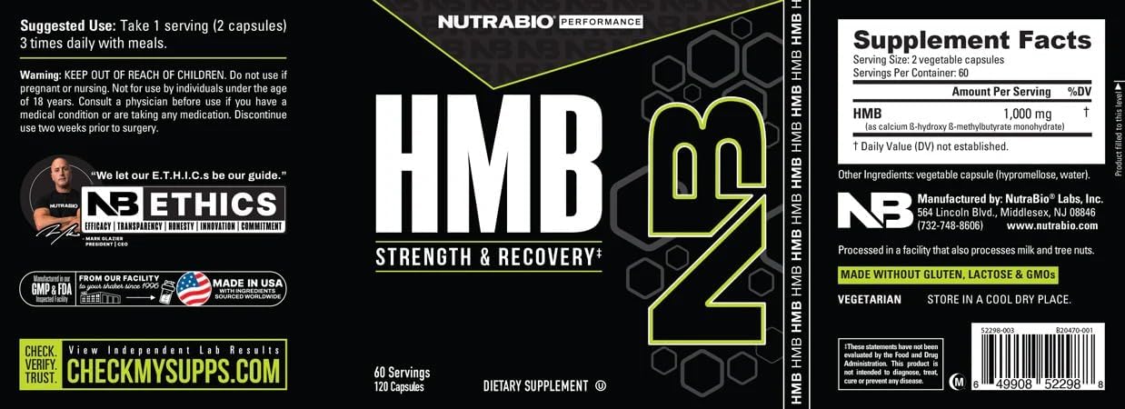 NutraBio HMB Supplement, Amino Acid, 1000mg, 120 Cápsulas