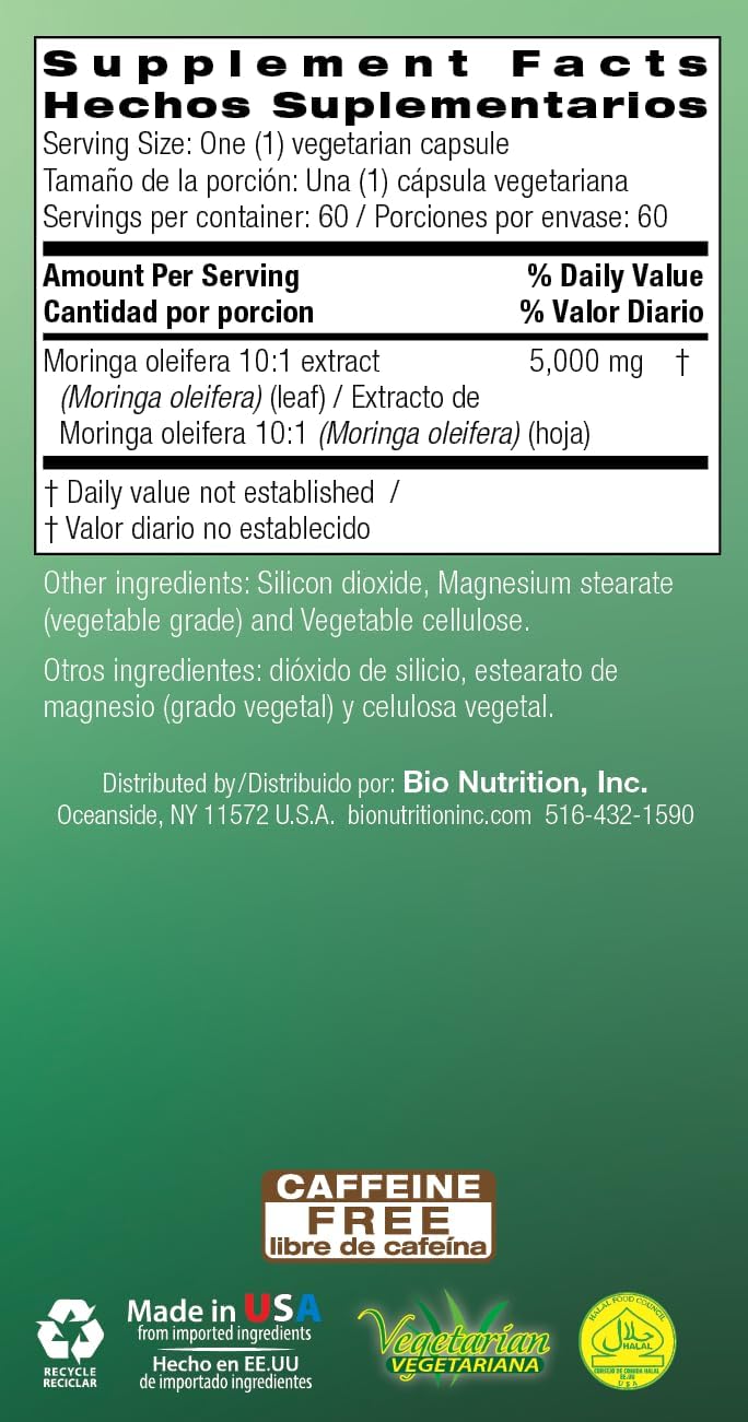 Bio Nutrition Moringa 5000mg 60 Vegetarian Capsules | Complete Green Superfood | Natural Multivitamin | Energy & Digestive Health