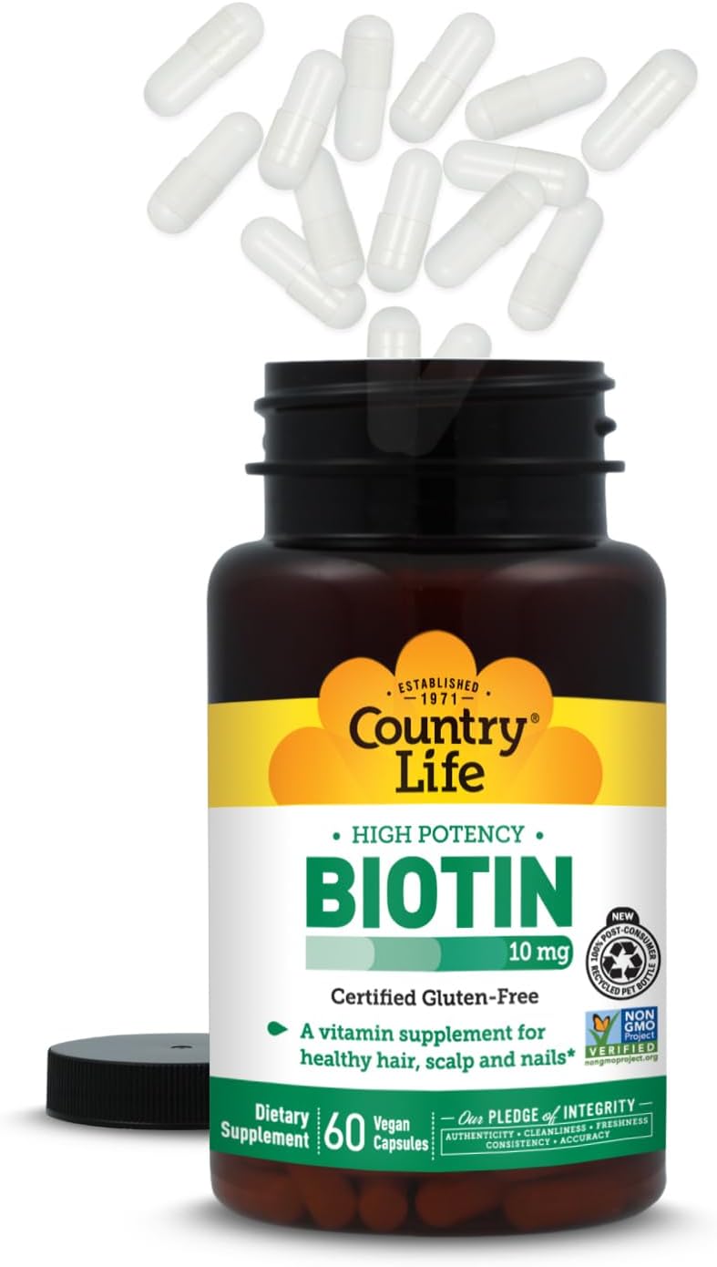 Country Life Biotina 10000 mcg (10 mg) - 60 Comprimidos - Suplemento para Cabello, Piel y Uñas