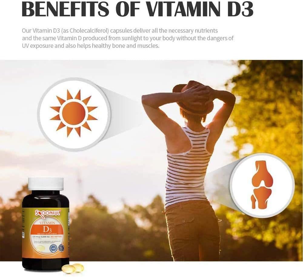 Spoonful Vitamina D3 con Aceite de Coco - 365 Cápsulas Blandas, 5000 UI (125 mcg) – Suministro Anual