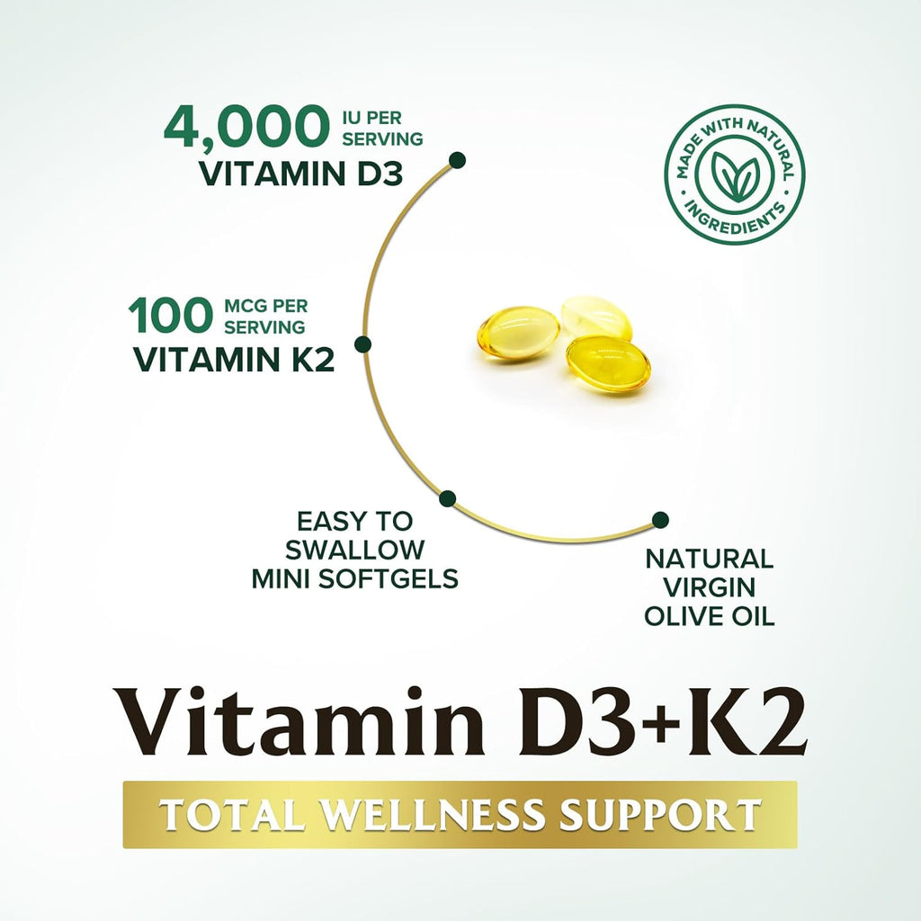 Vitamina D3 4000 UI y K2 100 mcg por Dosis - Suplemento Extra Fuerte para Huesos, Corazón y Músculos - Apoyo Inmune y Absorción de Calcio con Aceite de Oliva - Sin OGM - 120 Cápsulas Blandas