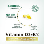 Vitamina D3 4000 UI y K2 100 mcg por Dosis - Suplemento Extra Fuerte para Huesos, Corazón y Músculos - Apoyo Inmune y Absorción de Calcio con Aceite de Oliva - Sin OGM - 120 Cápsulas Blandas