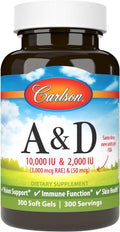 Carlson A & D, 10000 IU (3000 mcg RAE) Vitamina A, 2000 IU (50 mcg) Vitamina D, 300 Cápsulas Blandas