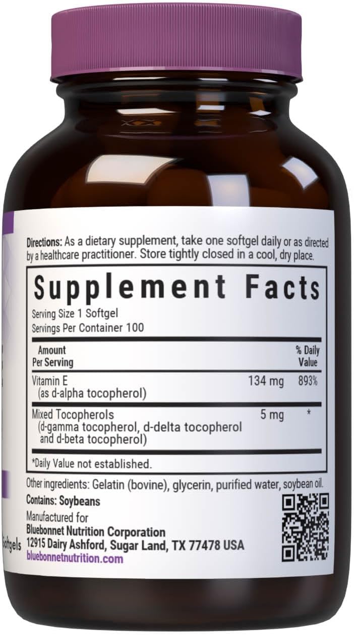 Bluebonnet Vitamina E 200 UI con Tocoferoles Mixtos, 100 Cápsulas Blandas