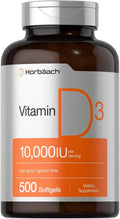 Horbäach Vitamina D3 10000 IU - 500 Softgels | Suplemento No-GMO, Sin Gluten, Alta Potencia (250 mcg)