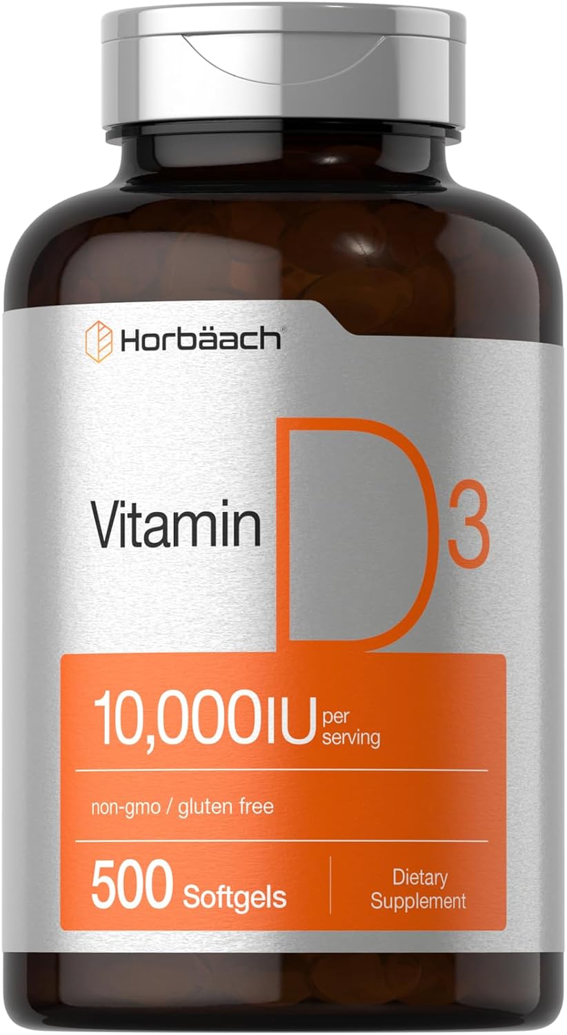 Horbäach Vitamina D3 10000 IU - 500 Softgels | Suplemento No-GMO, Sin Gluten, Alta Potencia (250 mcg)