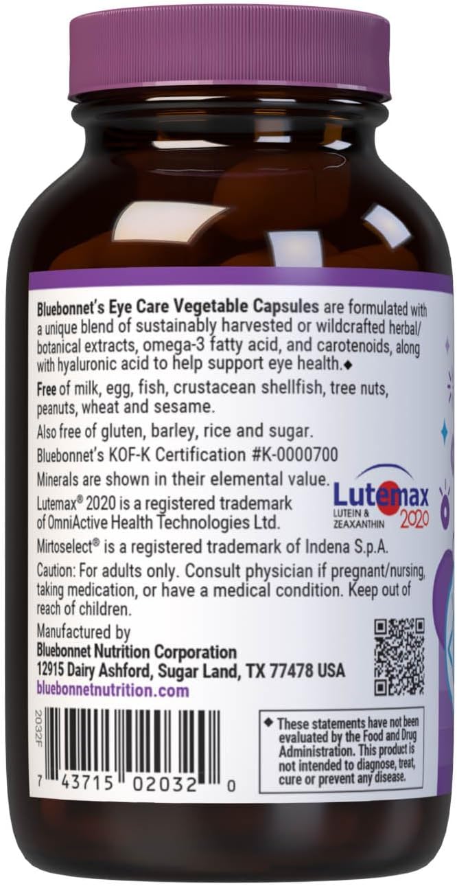 Bluebonnet Nutrition Eye Care Macular & Blue, Salud ocular y protección contra luz azul, Vegano, Certificado Kosher, Sin gluten, Sin lácteos, 60 Cápsulas vegetales, 30 dosis
