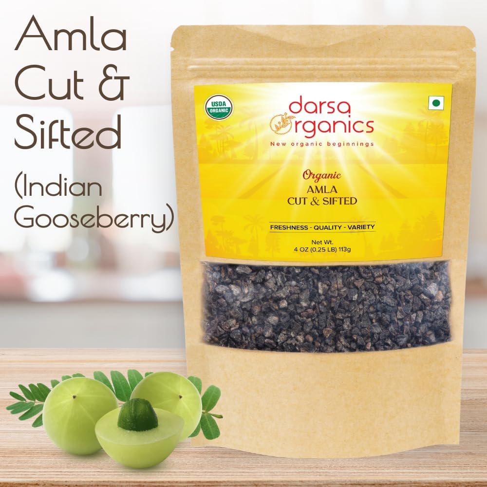 Darsa Organics Amla Seco Orgánico - Grosella India Cortada y Tamizada - 113 g (4 oz)