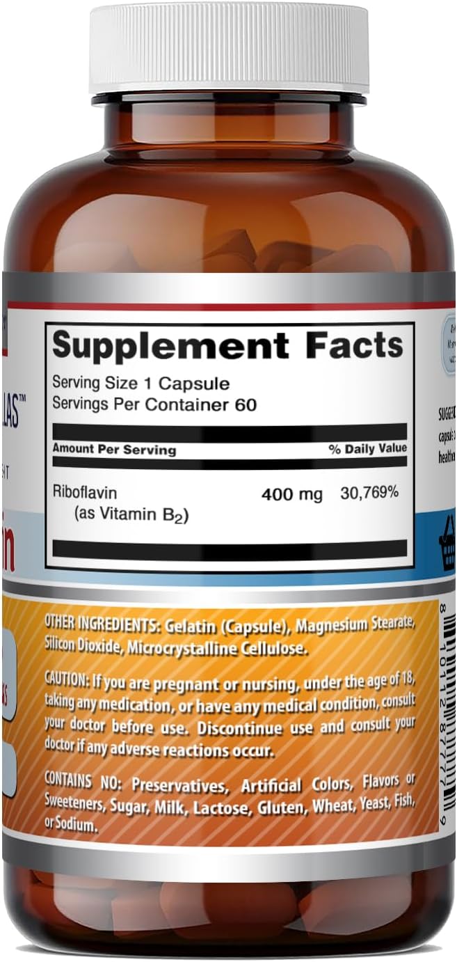 Amazing Formulas Riboflavina (Vitamina B2) Suplemento | 400 mg | 60 Cápsulas | Sin OGM | Sin Gluten