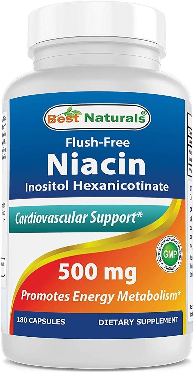 Best Naturals Niacina sin rubor (hexanicotinato de inositol) 500 mg, 180 cápsulas