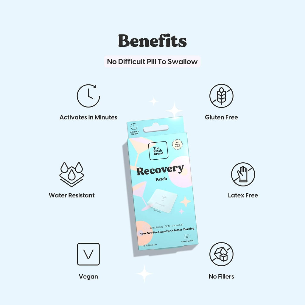 The Patch Brand Parches de Recuperación | Apoyo para la Mañana Siguiente con Vitamina B1, DHM, Glutatión | Imprescindibles para Fiestas y Viajes | Parches Resistentes al Agua de Larga Duración