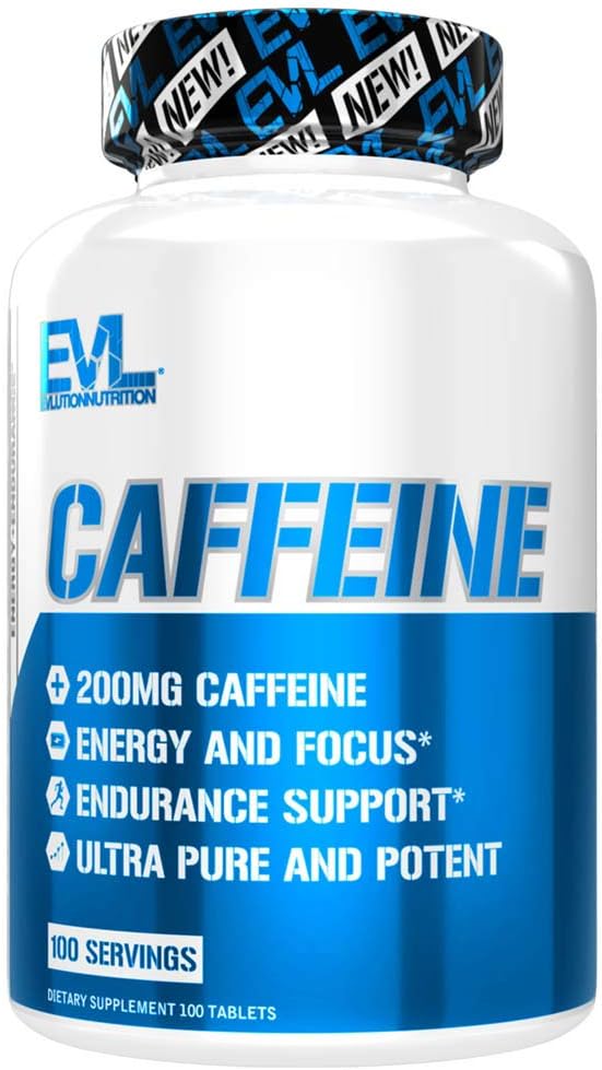 EVLution Nutrition Cafeína – 200 mg por Dosis – 100 Comprimidos – Energía, Enfoque y Resistencia