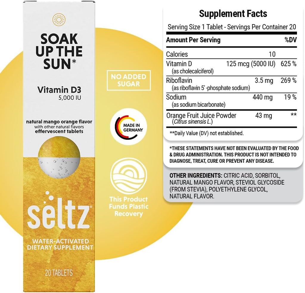 Seltz Vitamin D3 Drink Tablets - 5000 IU, Comprimidos Efervescentes, Sabor Mango Naranja, Sin Azúcar Añadido, 120 Comprimidos
