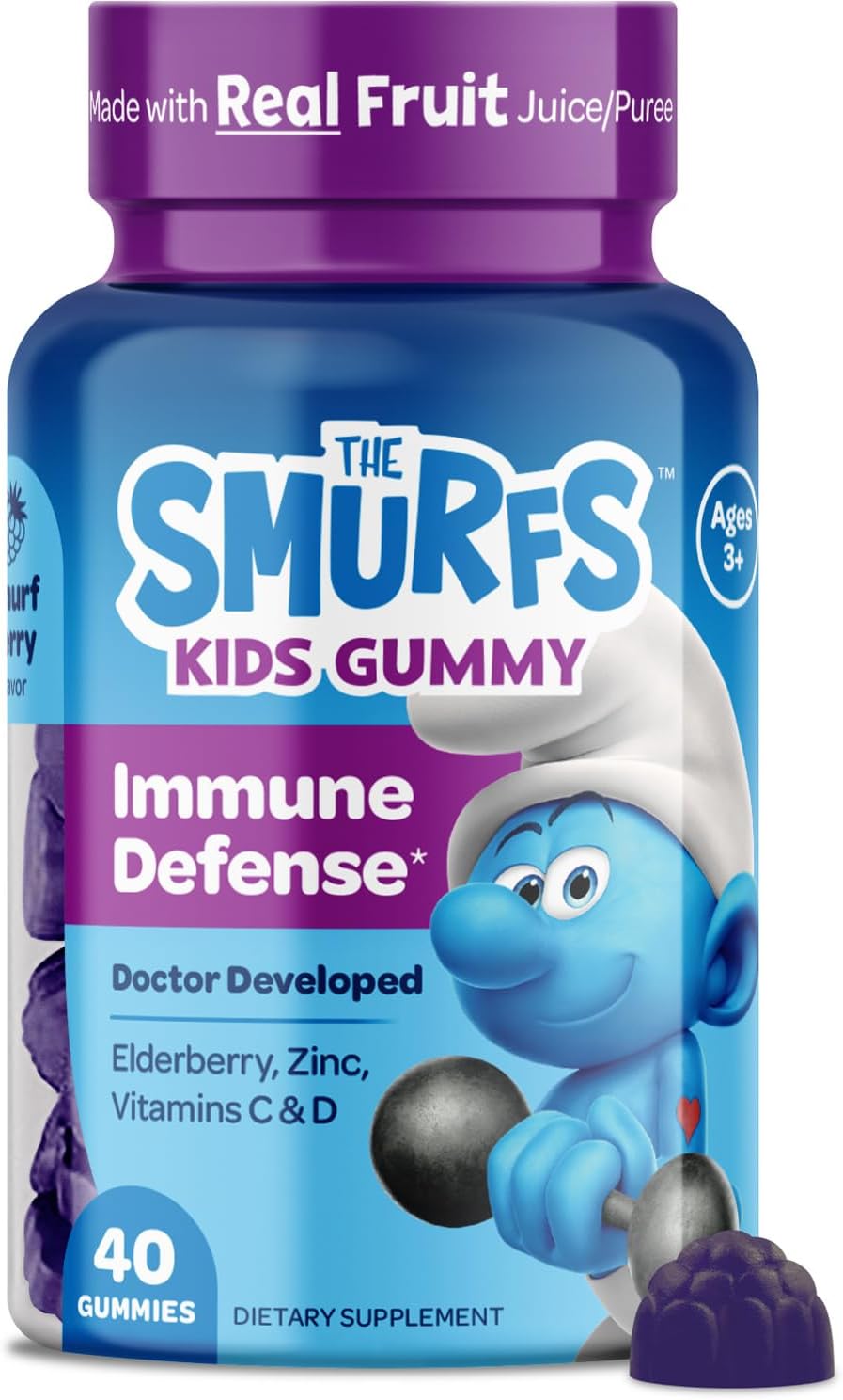 Gomitas de Apoyo Inmunológico Smurfs para Niños con Saúco, Vitamina C y Zinc - 40 uds