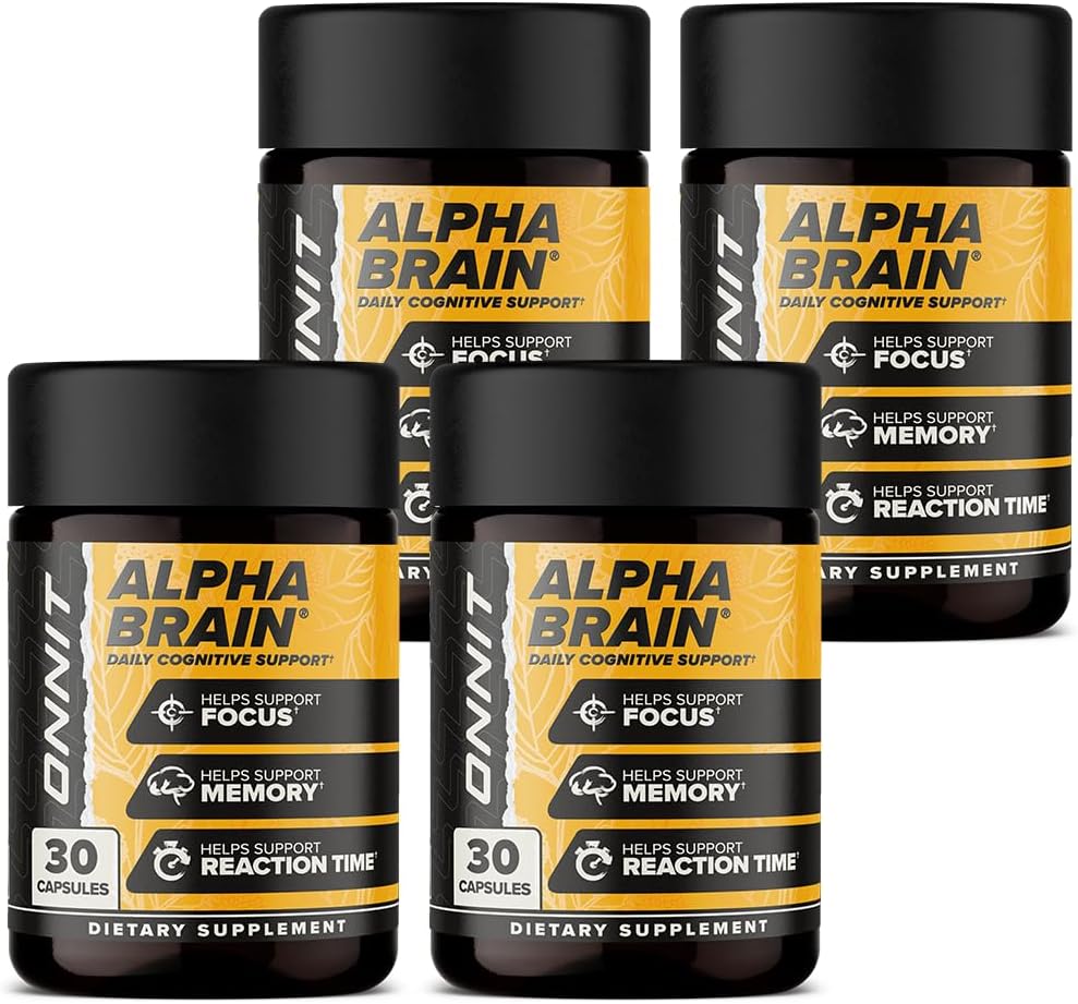 ONNIT Alpha Brain Cápsulas Nootrópicas para Hombres y Mujeres, IGEN Non-GMO Tested, Memoria, Concentración y Claridad Mental, con L-Teanina y Vitamina B6, 30 Cápsulas por Envase, Paquete de 4 (120 Cápsulas)