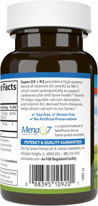 Carlson Super D3 + K2 - 5000 UI Vitamina D3 y 90 mcg Vitamina K2 MK-7 - 90 Cápsulas Vegetarianas