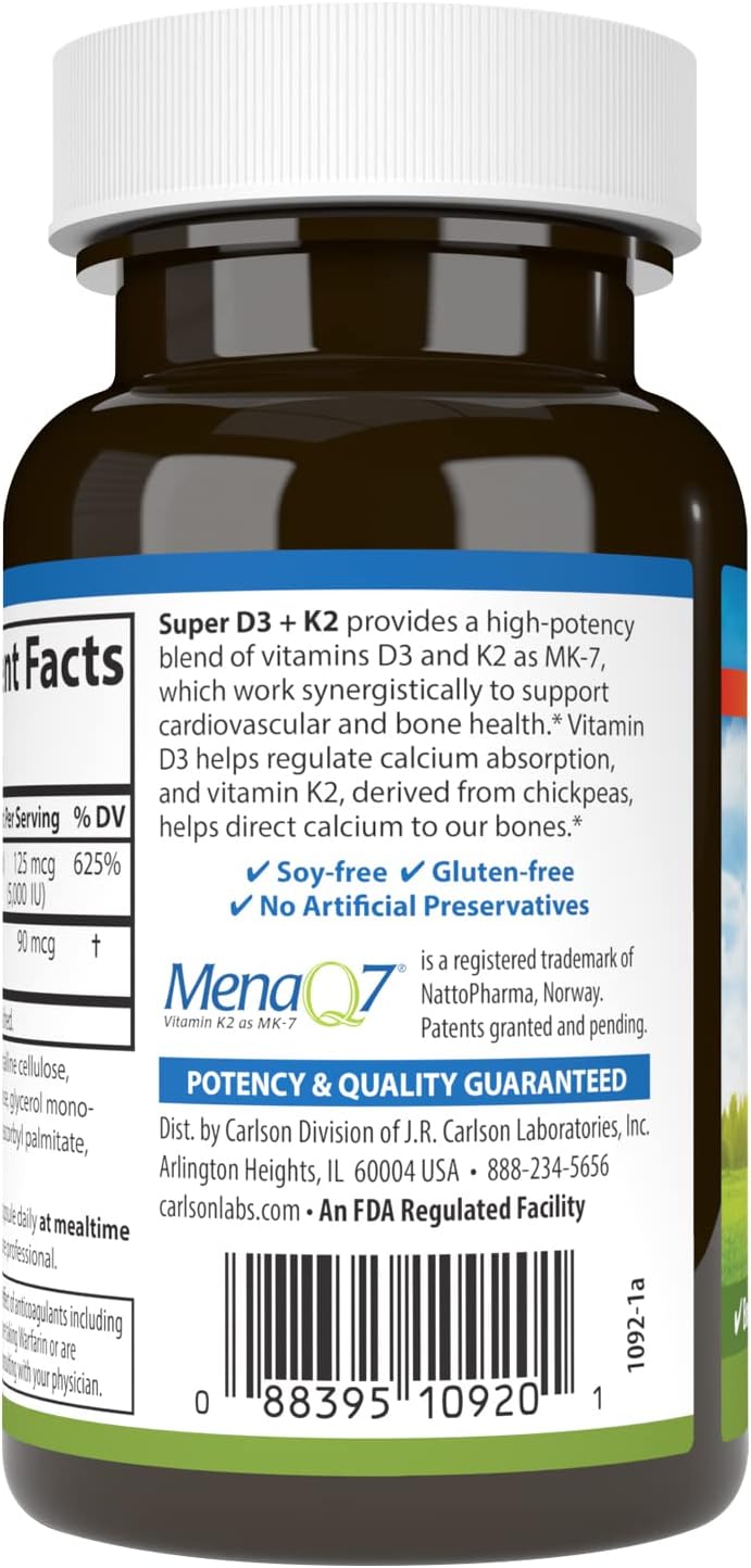 Carlson Super D3 + K2 - 5000 UI Vitamina D3 y 90 mcg Vitamina K2 MK-7 - 90 Cápsulas Vegetarianas