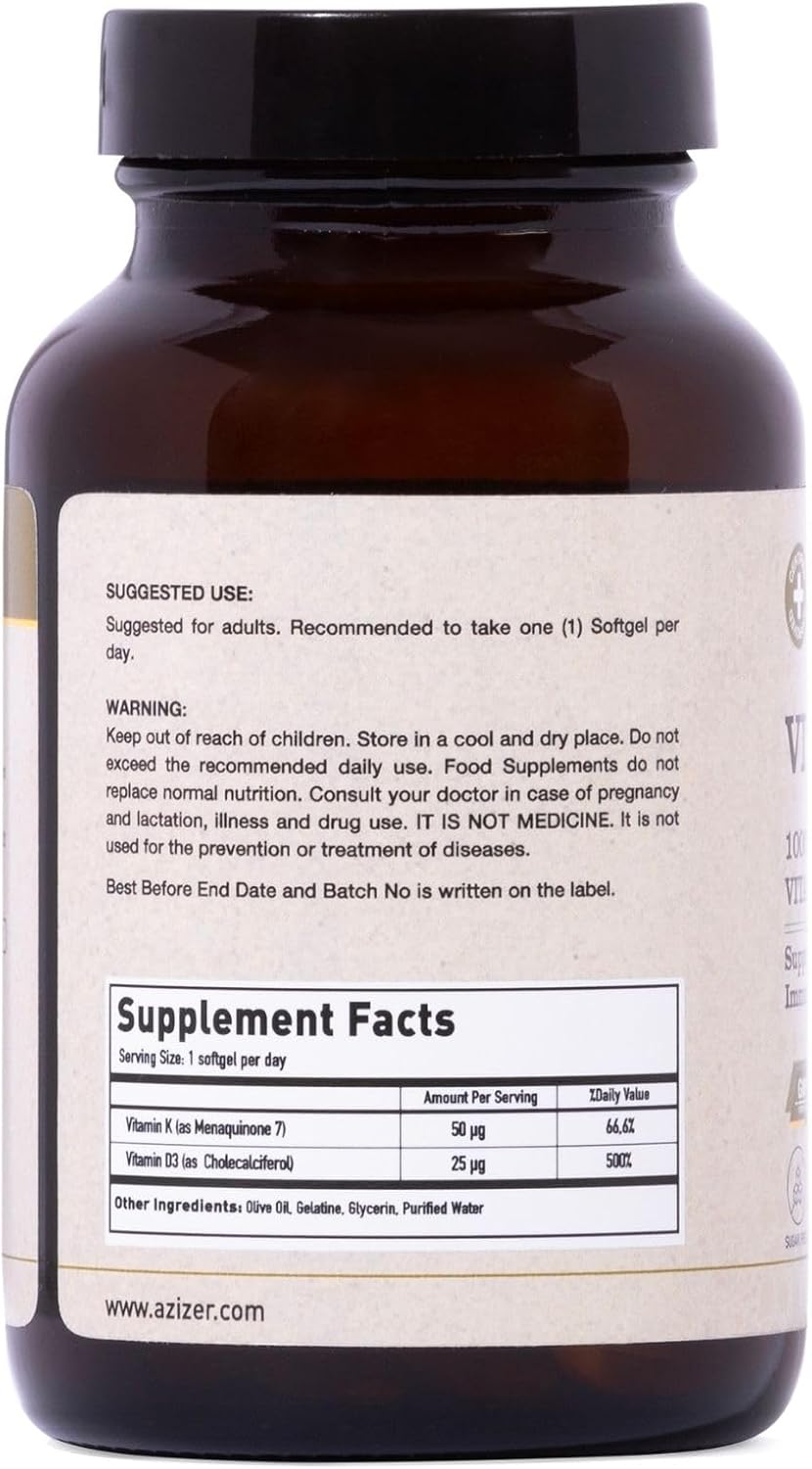 U-MORE - 1000 IU Vitamina D3 & K2 (Menaquinona 7) - Sin Azúcar - 60 Cápsulas Blandas