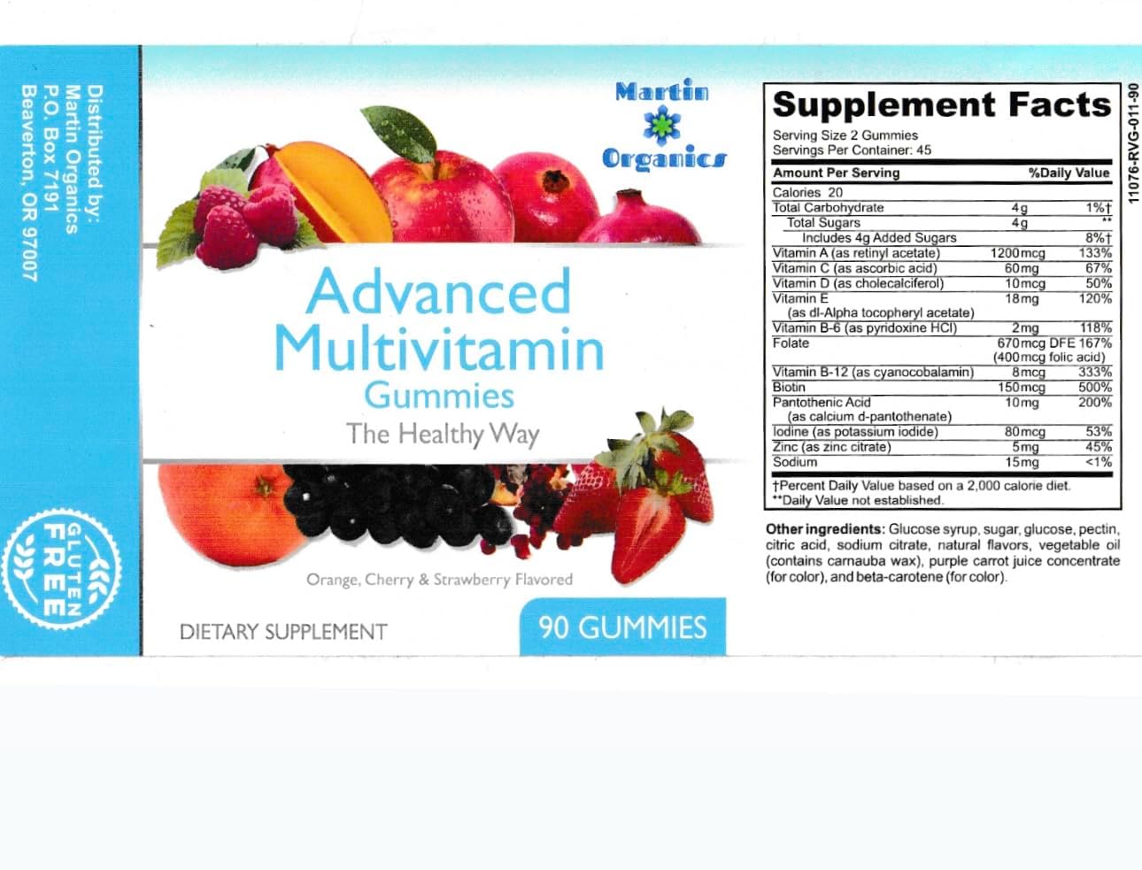 Martin Organics Multivitamin Gummies para Mujeres y Hombres, Sin Gluten, con Hierro, Magnesio, Zinc y Biotina, 90 Gominolas