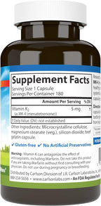 Carlson - Vitamina K2, MK-4 (Menatetrenona), Suplemento de Vitamina K, Salud Ósea y Cardíaca, Sin Soja, 180 Cápsulas