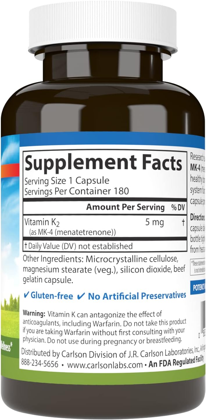 Carlson - Vitamina K2, MK-4 (Menatetrenona), Suplemento de Vitamina K, Salud Ósea y Cardíaca, Sin Soja, 180 Cápsulas