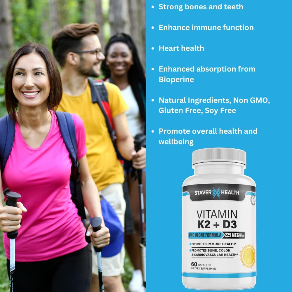 Vitamina K2 D3 con Calcio y Bioperina, 60 Cápsulas