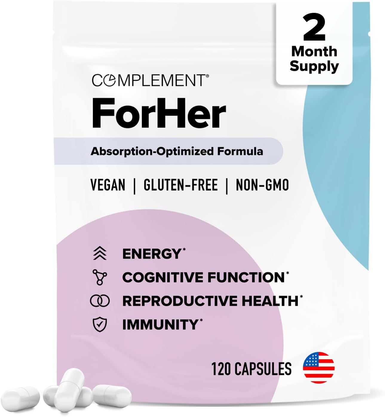 COMPLEMENT ForHer Women’s Multivitamin with Inositol - Hormone Balance Supplement for Women, Hair Growth & Immune Support - Vitamins with B9 & Iron - 120 Capsules, 60 Servings