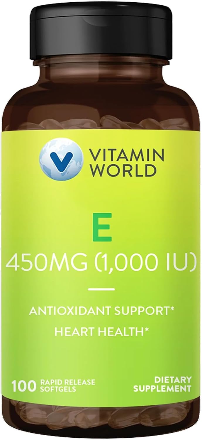 Vitamin World Vitamin E 1000 IU Softgels, 450mg dl-Alpha, 1 Softgel Daily, Supports Antioxidant Protection and Heart, Immune & Skin Health, Gluten-Free, 100 Servings