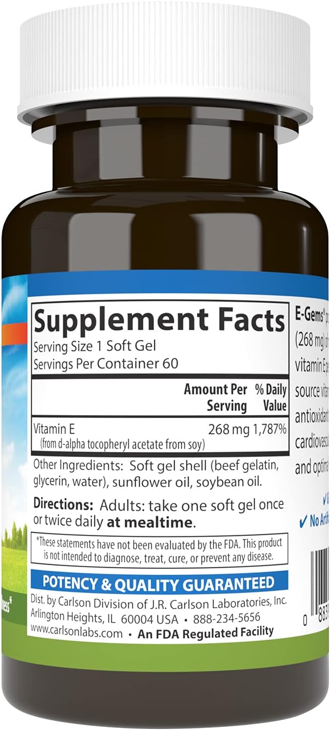 Carlson Labs E-Gems Vitamina E Natural 400 IU, 60 Cápsulas Blandas