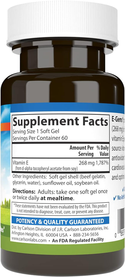 Carlson Labs E-Gems Vitamina E Natural 400 UI, 60 Perlas Blandas – Image 2