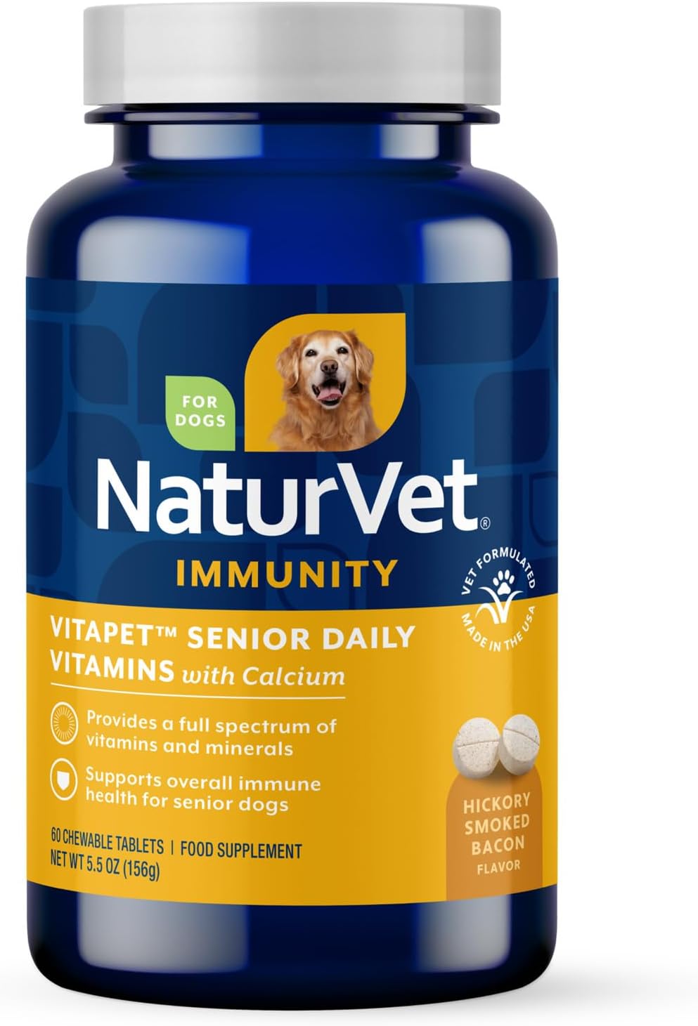 NaturVet VitaPet Senior Daily Vitamins – Multivitamínico para Perros Senior con Glucosamina – 60 Comprimidos de Liberación Prolongada