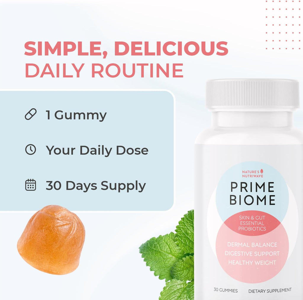 PrimeBiome Gummies – Gominolas Probióticas con Inulina, Lion's Mane y Jengibre – 30 Unidades (Suministro para 6 Meses) – No GMO, Sin Estimulantes, Certificado GMP