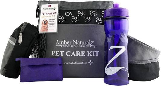 Kit de Cuidado para Perros Mayores Amber NaturalZ con Suplementos Herbales Adizone, Cartricil Plus, DermaNERV y Life Cell - Incluye Bolsa, Botella de Agua, Kit de Vendas y Comederos