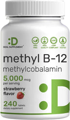 DEAL SUPPLEMENT Methyl B-12 5000 mcg, 240 Comprimidos Masticables | Forma Activa - Sabor Fresa - Energía y Función Cerebral - Vegano y Sin OGM